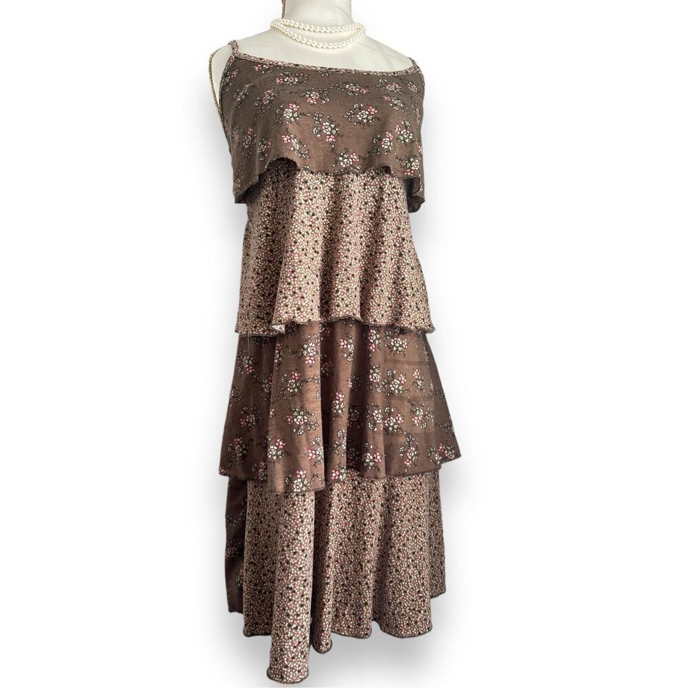Vintage Y2K Maurices Brown Floral Tiered SunDress Romantic Feminine 90s Cottage - Picture 2 of 4